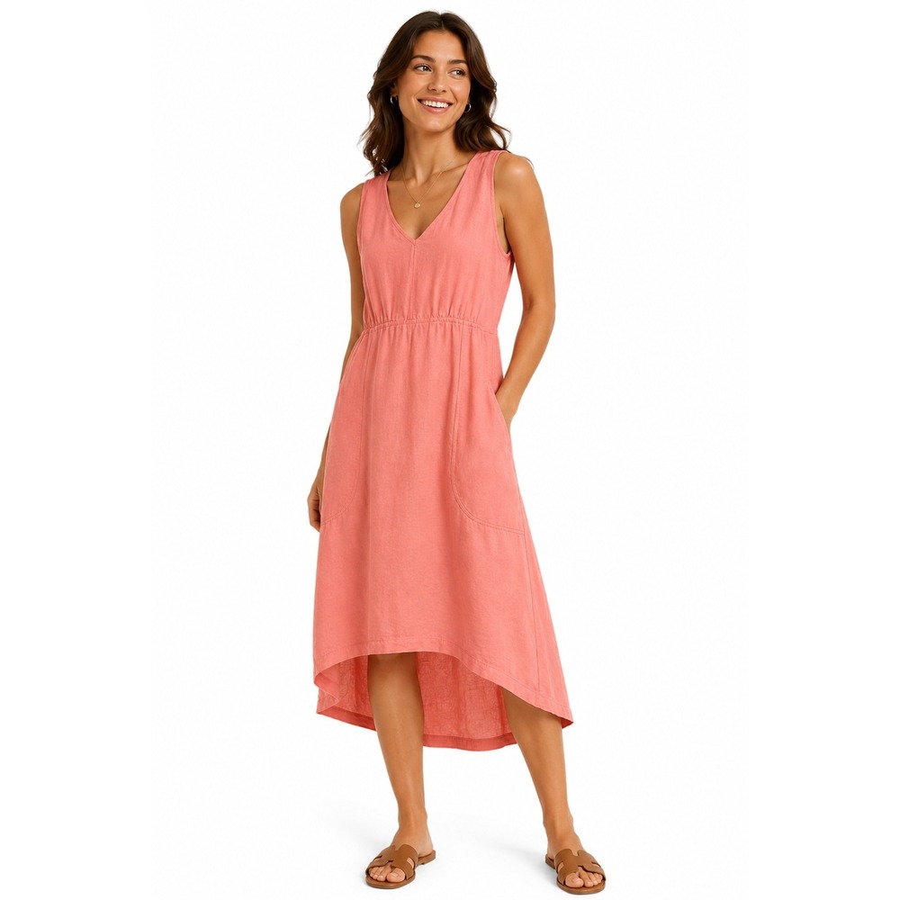 Freedom Trail by Kyodan Coral Linen Blend High-Low Midi Dress‎ Pockets Large